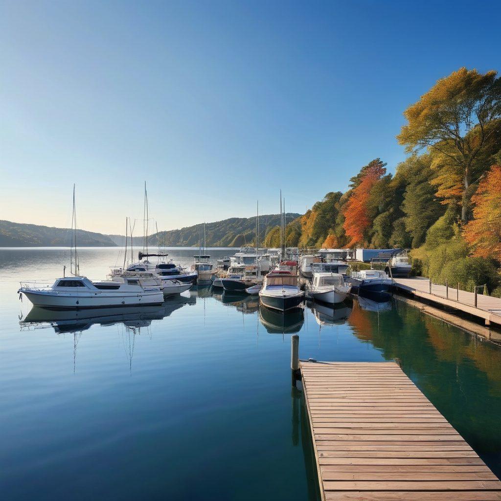 A serene lakeside scene showcasing a diverse range of boats, from sleek yachts to quaint fishing vessels, all moored by a wooden dock. In the background, a clear blue sky reflects on the calm water, while boat insurance documents gently float on the surface, symbolizing safety and guidance. Sunlight glimmers on the water, enhancing the inviting atmosphere of the scene. super-realistic. vibrant colors. tranquil landscape.
