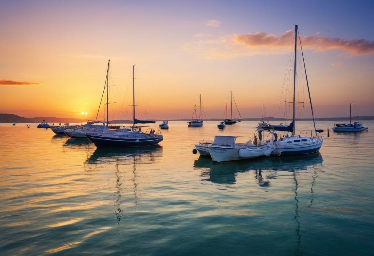 A tranquil seaside scene featuring a diverse range of boats and sailboats, showcasing different insurance options available for maritime adventures. Include a bright blue ocean with gentle waves and a warm sunset in the background, emphasizing the adventure aspect. Incorporate elements of safety, such as life vests and first aid kits, subtly placed on the boats. Use a modern, informative overlay to illustrate insurance options briefly. super-realistic. vibrant colors. peaceful atmosphere.