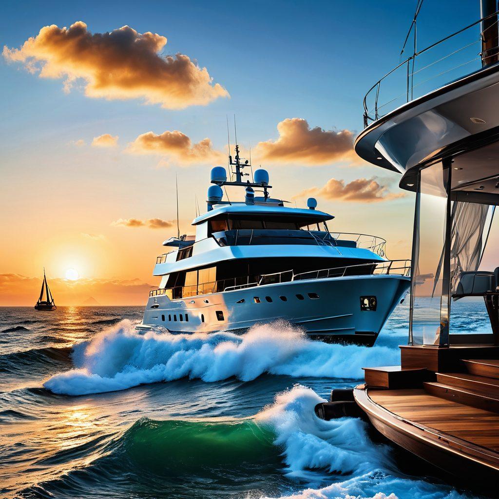 A stunning maritime scene featuring a luxurious yacht and a rugged fishing boat side by side, showcasing various nautical coverage solutions. Include vivid ocean waves, clear skies, and a distant shoreline to highlight the beauty of both vessels. Capture details like fishing gear on the boat and elegant furnishings on the yacht. Convey a sense of adventure and tranquility simultaneously. vibrant colors. super-realistic. ocean backdrop.